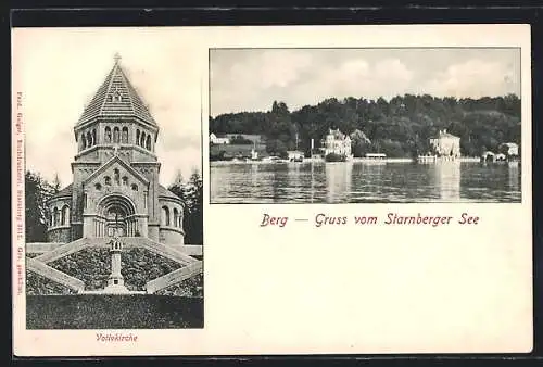 AK Berg / Starnberger See, Votivkirche, Ortsansicht vom Wasser aus gesehen