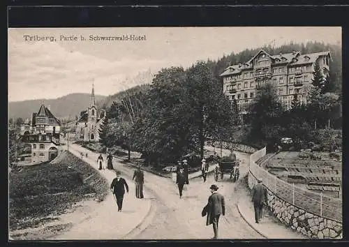 AK Triberg, Spaziergänger und Kutsche am Schwarzwald Hotel