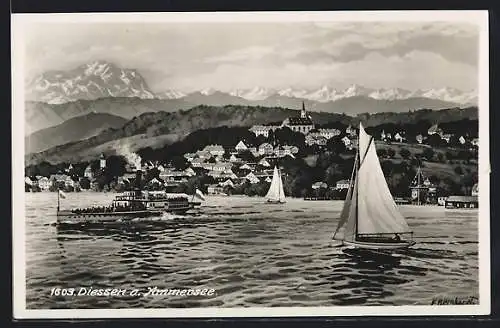 AK Diessen /Ammersee, Ortsansicht mit Dampfer und Alpenpanorama