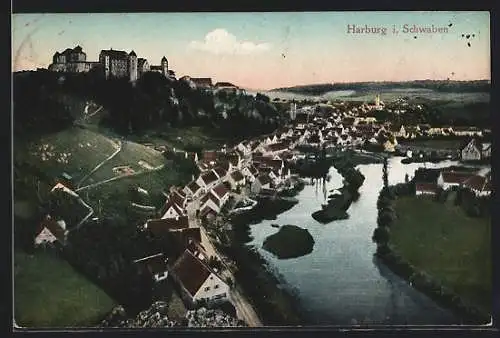 AK Harburg /Schwaben, Ortsansicht mit Fluss und Burg