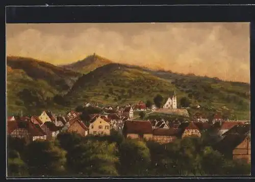 Künstler-AK Zwingenberg /Bergstrasse, Ortsansicht mit Bergblick