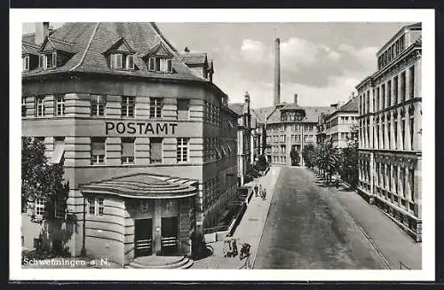 AK Schwenningen a. N., Strassenpartie mit Postamt aus der Vogelschau