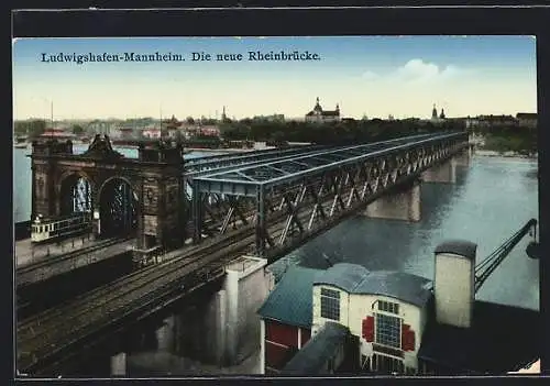 AK Ludwigshafen-Mannheim, Die neue Rheinbrücke mit Strassenbahn