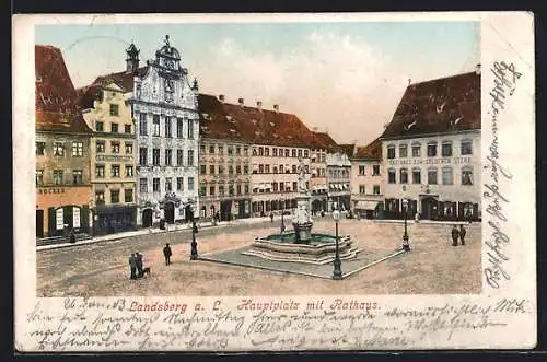 AK Landsberg a. L., Hauptplatz mit Rathaus, Brunnen, Gasthaus zum Goldenen Stern