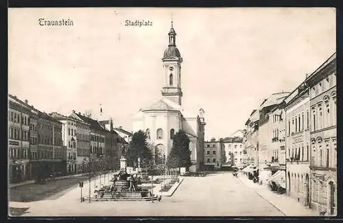 AK Traunstein, Stadtplatz, Kirche, Denkmal