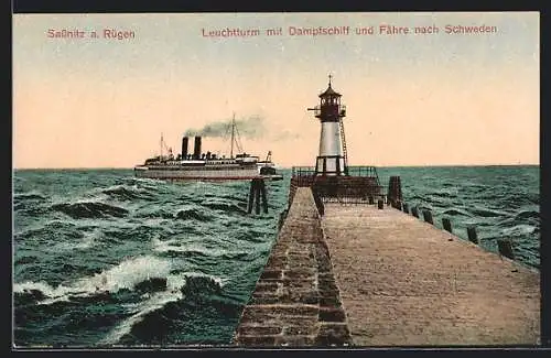 AK Sassnitz /Rügen, Leuchtturm mit Dampfer