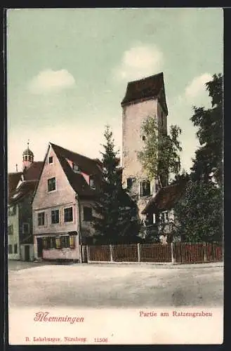 AK Memmingen, Partie am Ratzengraben mit Turm