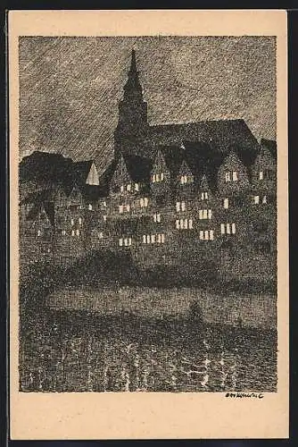 Künstler-AK Tübingen, Ansicht der Neckarseite der Altstadt