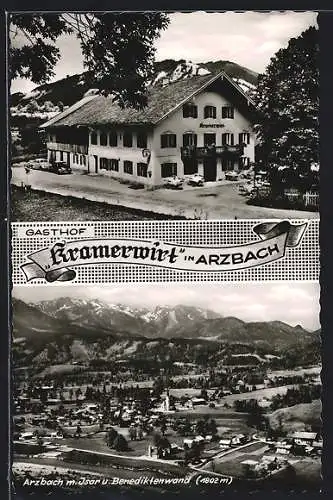 AK Arzbach / Obb., Gasthof Kramerwirt, Ortsansicht m. Isar u. Benediktenwand