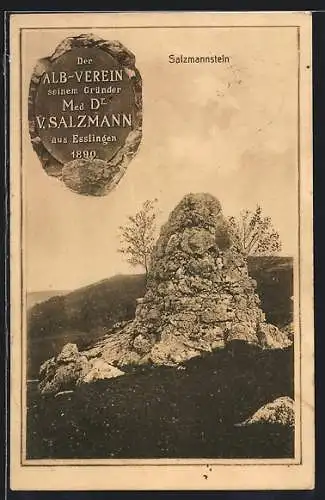 AK Bissingen an der Teck, Salzmannstein, Alb-Verein Denkmal für Dr. V. Salzmann