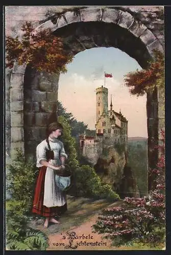 AK Lichtenstein, Mädchen namens Bärbel mit Korb am Schloss Lichtenstein