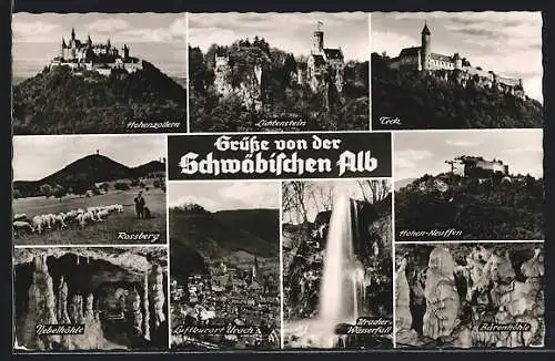 AK Urach /Schwäbische Alb, Teilansicht, Schloss Hohenzollern, Uracher Wasserfall