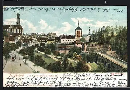 AK Augsburg, Rotes Tor u. St. Ulrichkirche, Strassenbahn