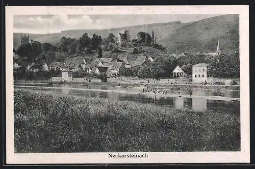 AK Neckarsteinach, Uferpartie mit Kirche