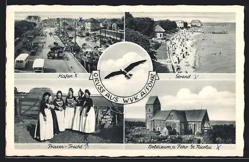 AK Wyk auf Föhr, Frauen in friesischer Tracht, Hafen und Kirche St. Nicolai