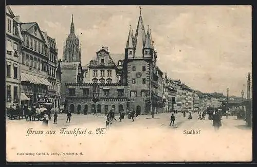 AK Alt-Frankfurt, Strassenpartie mit Hotel Saalhof