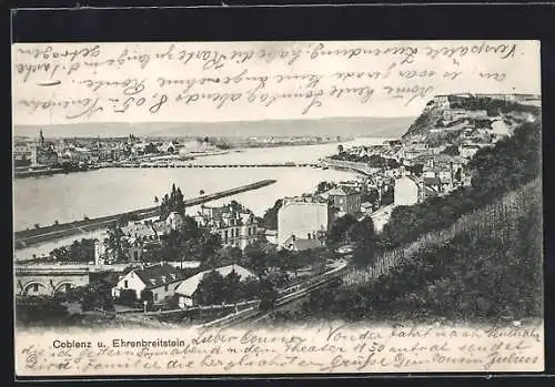AK Coblenz, Teilansicht mit Festung Ehrenbreitstein