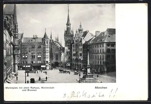 AK München, Marienplatz mit altem Rathaus, Mariensäule und Brunnen