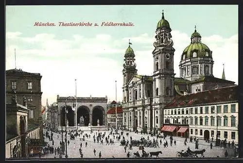AK München, Theatinerkirche mit Pferdewägen