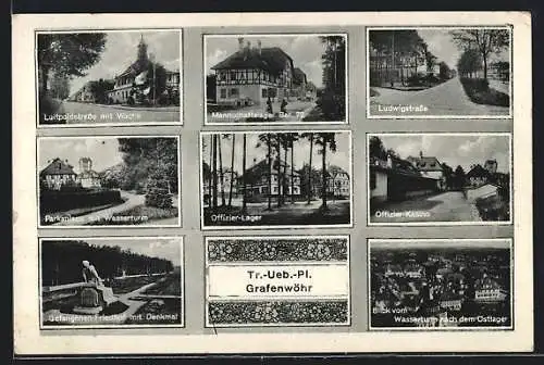 AK Grafenwöhr, Truppenübungsplatz, Parkanlage mit Wasserturm, Offizier-Lager, Kasino und Ludwigstrasse
