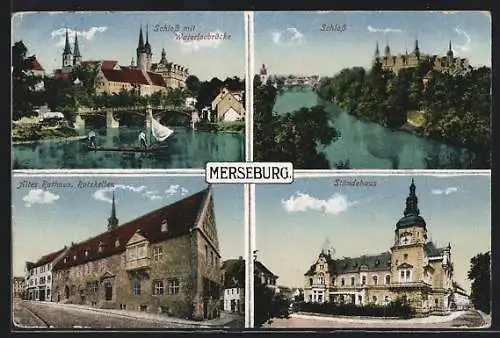 AK Merseburg, Ständehaus, Waterloobrücke und altes Rathaus