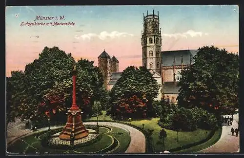 AK Münster i. W., Ludgerikirche mit Mariensäule