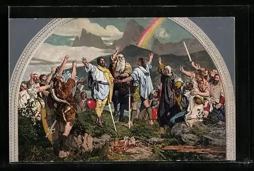 Künstler-AK Dr. Stückelberg: Der Rütlischwur, Tellskapelle am Vierwaldstätter See