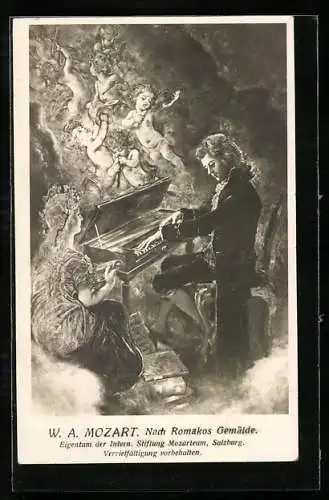 AK Mozart spielt an einem Klavier, diesem entsteigen musizierende Engel