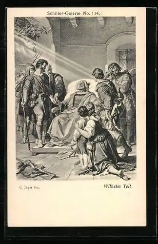 Künstler-AK Wilhelm Tell, Familie betrauert den verstorbenen Grossvater