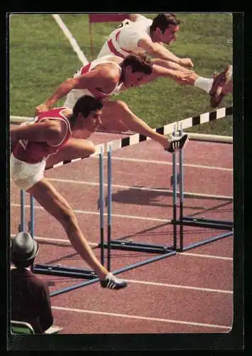 Foto-AK Mexiko-Stadt, Olympia 1968, Zehnkampf, Kurt Bendlin beim 110 m Hürdenlauf