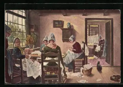 AK Nähstube, Frauen beim Ausbessern von Wäsche