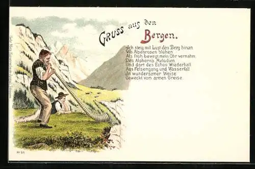 Lithographie Alphornbläser im Hochgebirge