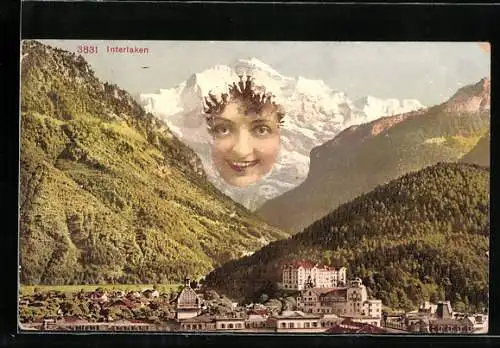 Künstler-AK Interlaken, Panorama mit Berg mit Gesicht / Berggesichter