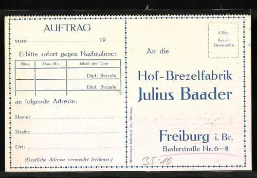 AK Freiburg i. Br., Reklame der Hof-Brezelfabrik Julius Baader, Bestellkarte