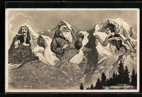 AK Eiger, Mönch und Jungfrau, rauchender Mann, bärtiger Mönch und Frau in Tracht, Berggesichter