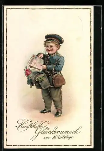 AK Herzlichen Glückwunsch zum Geburtstage, kleiner Briefträger, Postbote