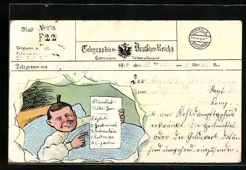 AK Genesender im Bett mit Wunsch-Einkaufszettel, Telegramm, Garnisons-Telegraphenamt, Karikatur