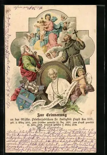 AK 60. jähriges Priesterjubiläum des Papst Leo XIII., Gnadenbild, Wappen