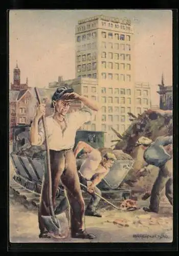 AK Leipzig, Propagandakarte zur Ersten Friedensmesse, Bahnarbeiter