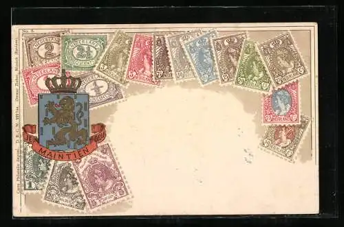 AK Briefmarken der Niederlande und Wappen