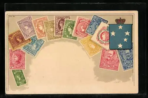AK Neuseeland, Briefmarken und Wappen