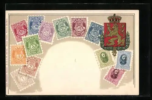 AK Norwegen, Briefmarken und Wappen
