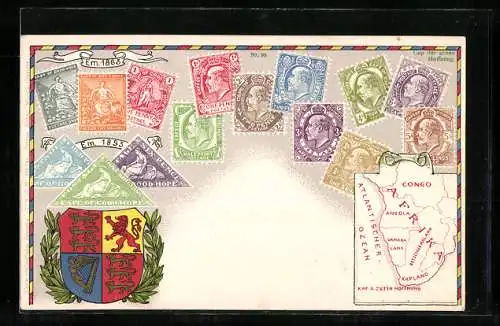 AK Briefmarken Cape of Good Hope, Landkarte und Wappen
