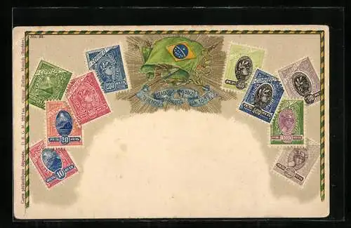 AK Brasilien, brasilianische Flagge & Briefmarken