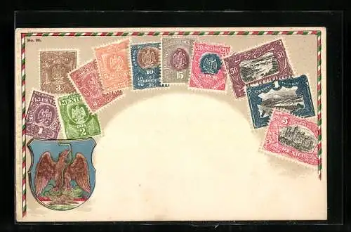 AK Briefmarken aus Mexico mit Wappen