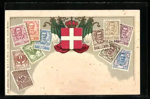 AK Italien, Briefmarken mit Wappen