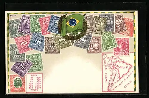 AK Briefmarken, Kranz mit brasilianischer Flagge