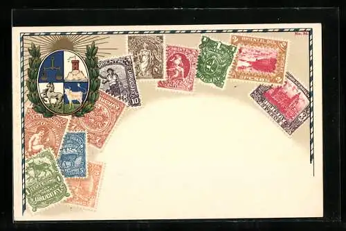 AK Verschieden Briefmarken, Wappen mit Waage, Pferd, Sonne