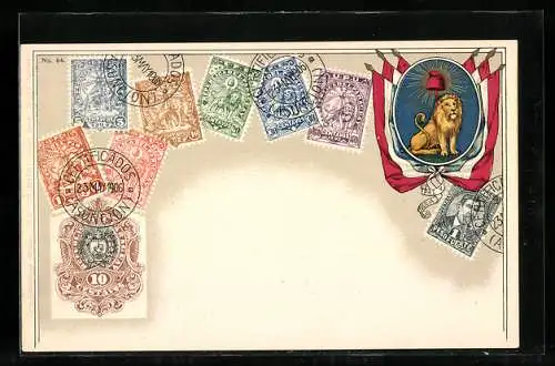 Künstler-AK Republica del Paraguay, Briefmarken und Wappen