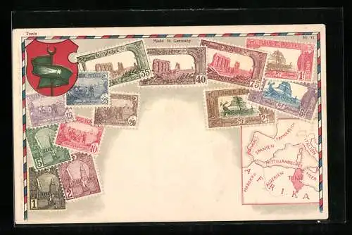 AK Tunesien, Briefmarken, Wappen, Landkarte